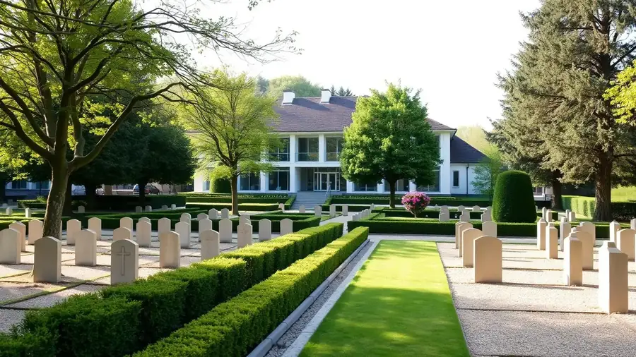 Historische Trauerhalle und Grabreihen auf einem Friedhof in Köln