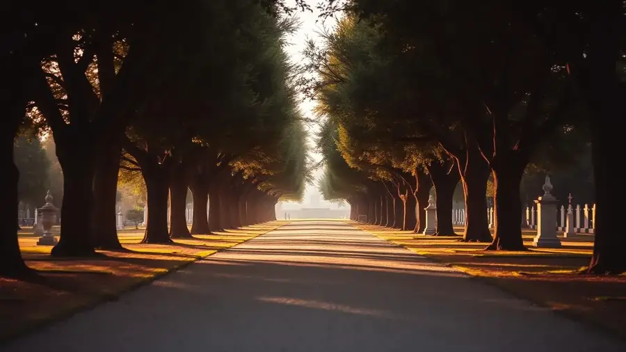 Parkähnliche Allee mit altem Baumbestand auf einem Friedhof in Köln