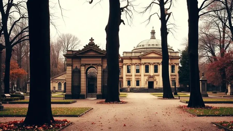 Weitläufige Grünanlage mit Bäumen auf einem Friedhof in Köln